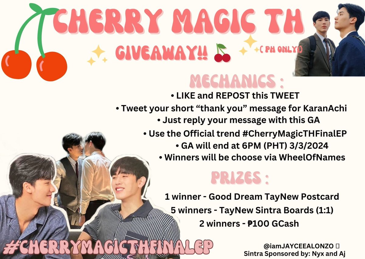 akositakeshi's tweet photo. 🍒 GIVEAWAY 🍒

• Like and Repost 
• PH only
• Reply your thank you message for KaranAchi
• Use the official trend #CherryMagicTHFinalEP 
• Winners will choose via WheelofNames 

This is my simple thank you for supporting my main. Maraming Salamat, Filo Polcas. https://t.co/27clN4pj4p