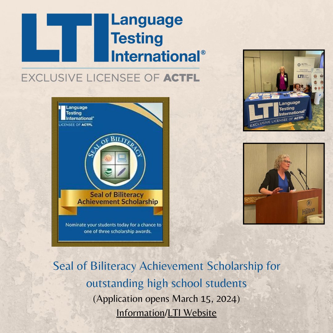 Do you know that Language Testing International (LTI) offers a Seal of Biliteracy Scholarship to high school students? 2024 applications open March 15. Check out LTI at languagetesting.com @jraught @langchatPLN @actfl @HALThome