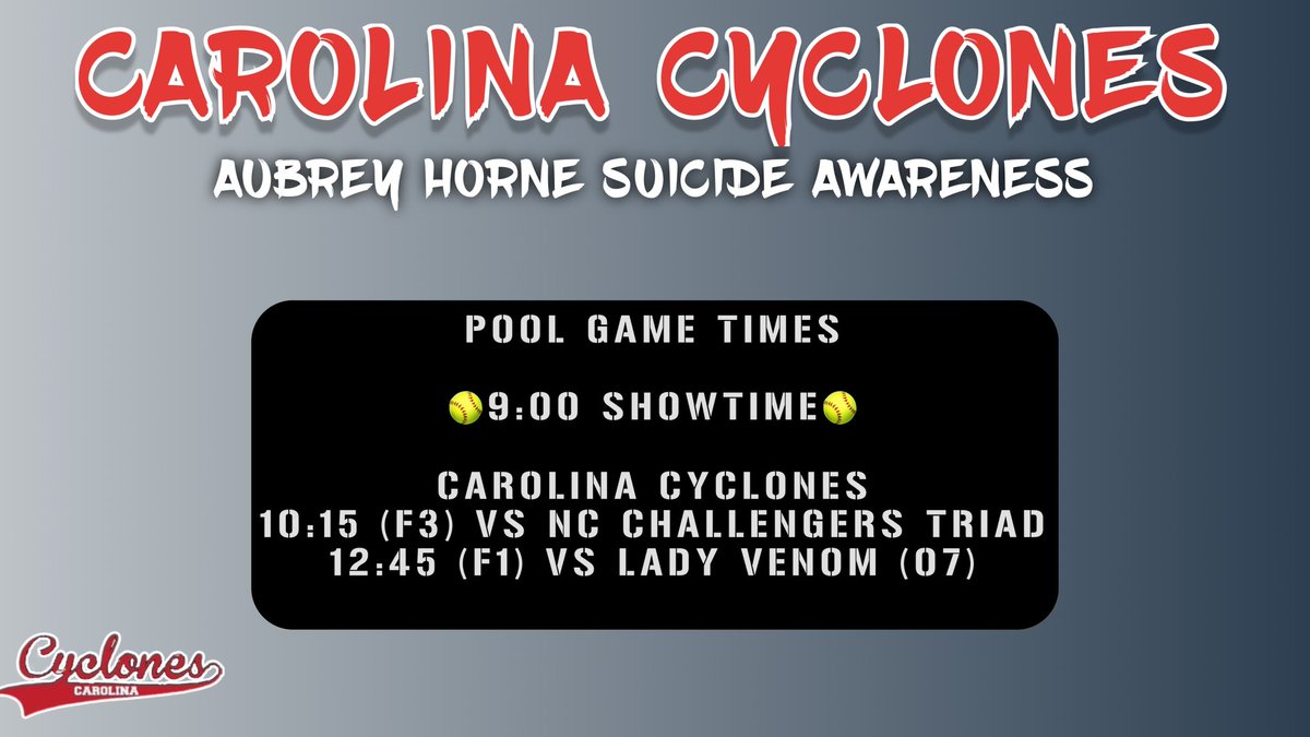 Our Carolina Cyclones start the season a little early to go play in support of a good cause! If you’re bored and want to watch some softball head out to Benson, NC @ VYAS Park. 
<a href="/jleepitt/">Jason Pittman</a> <a href="/goop365/">Chris Margoupis</a> <a href="/cyclones2627/">CarolinaCyclones2627</a> <a href="/meganRhop07/">Megan</a> <a href="/Payton_003/">Payton</a> <a href="/TyHieraWooten25/">TyHiera Wooten</a> <a href="/Remi_Softball/">Remi Thompson</a>