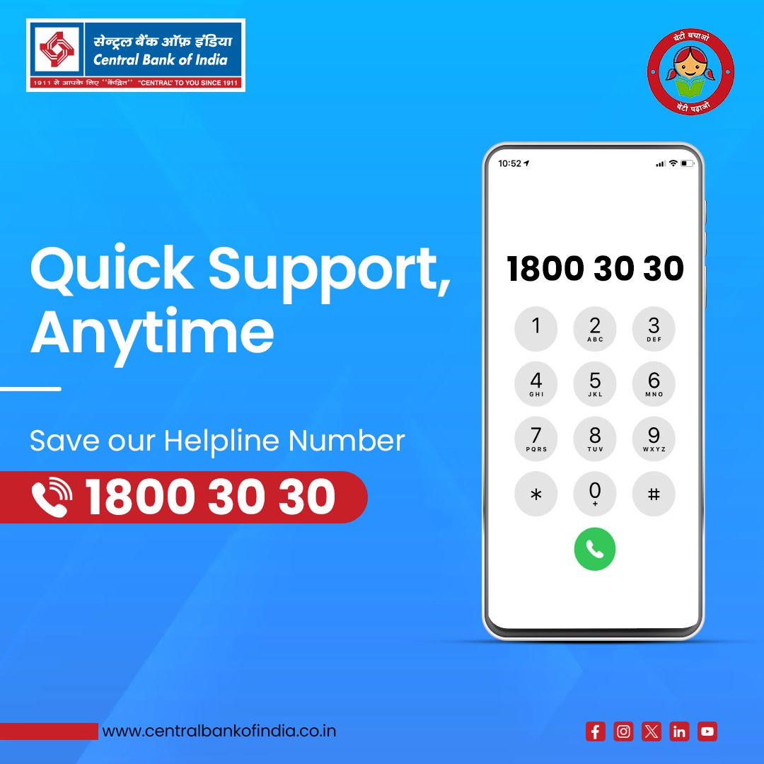centralbank_in's tweet image. Whether it&apos;s queries or assistance, Central Bank of India is just a call away! Dial 1800 30 30  for dedicated support. Your financial well-being matters to us.

#HelplineNumber #CentralBankOfIndia #CentralToYouSince1911