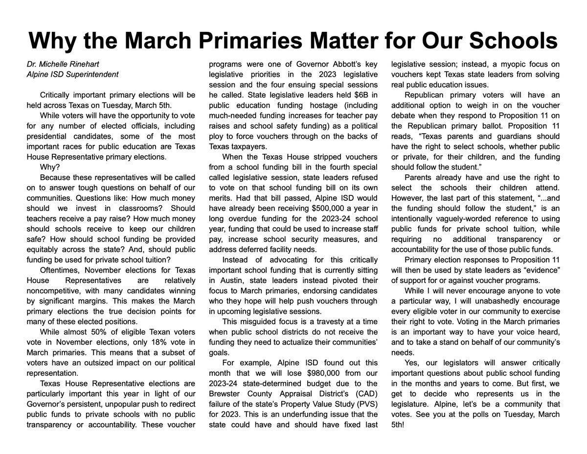 Alpine ISD (@thealpinebucks) on Twitter photo In this month's OpEd, Alpine ISD Superintendent Dr. Michelle Rinehart reminds us of the importance of voting in Tuesday's primary elections—and explains why these elections matter for Texas public schools.
See you at the polls on Tuesday, March 5th, Alpine!
#GoBucks 💜🤟💛 In this month's OpEd, Alpine ISD Superintendent Dr. Michelle Rinehart reminds us of the importance of voting in Tuesday's primary elections—and explains why these elections matter for Texas public schools.
See you at the polls on Tuesday, March 5th, Alpine!
#GoBucks 💜🤟💛