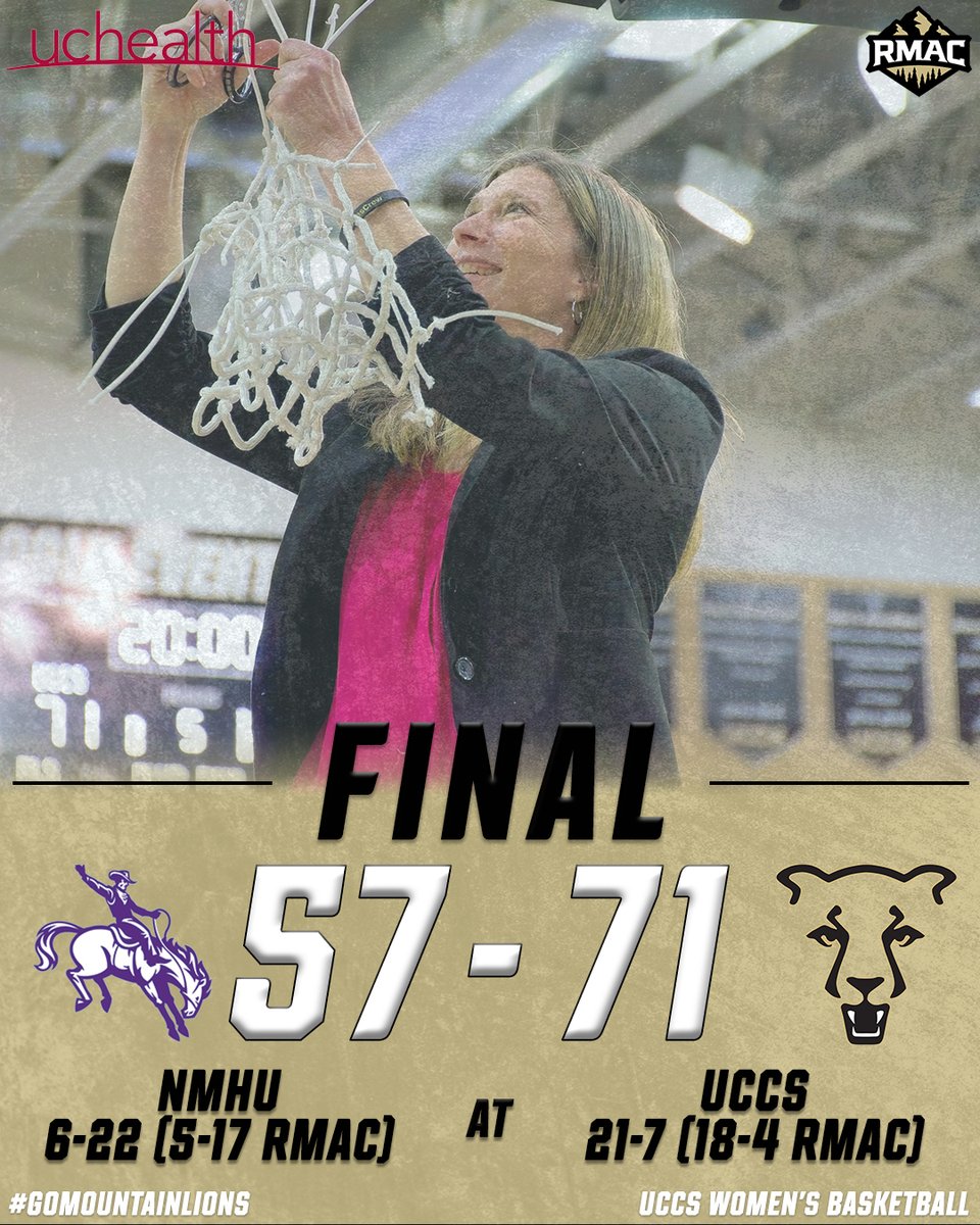🚨 REGULAR SEASON RMAC CO-CHAMPS 🚨

FINAL | UCCS 7️⃣1️⃣, NMHU 5️⃣7️⃣ 

🏀 White: 22 Pts, 12 Reb
🏀 Hagood: 13 Pts, 2 Stl
🏀 Ottmann: 11 Pts, 2 Ast

📅 The RMAC Tournament starts at home on Tuesday! (opponent TBD)

#GoMountainLions #RMACwbb