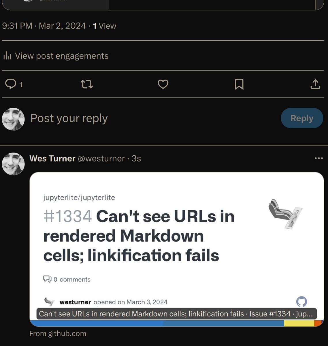 westurner's tweet image. BUG: @X, #JupyterLite: URLs are hidden by the machine
github.com/jupyterlite/ju…