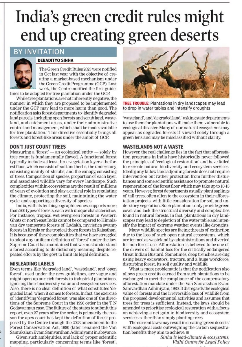In today's <a href="/timesofindia/">The Times Of India</a>, I discuss why the recent guidelines on plantations notified under 'The Green Credit Rules 2023' might threaten India's rich #forests, #wildlife &amp; #ecosystem services by converting them into green deserts.

Online version- timesofindia.indiatimes.com/home/sunday-ti…