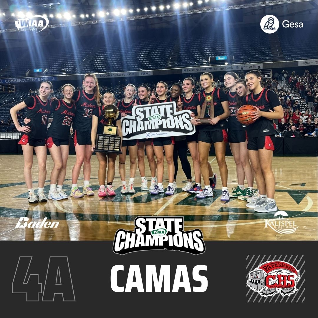 Congratulations to the 4A Girls Basketball State Champions, the Camas Papermakers! #wabkbscores #wastatebasketball @GesaCU @KalispelTribe @BadenSports