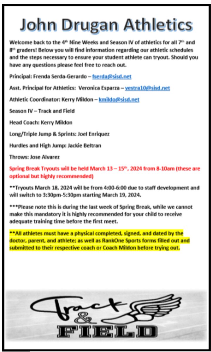 Calling all 7th and 8th grade boys and girls interested in trying out for the @JDrugan_K8 Track & Field team. Information for tryouts are shown in the flyer below! Come join a competitive & winning program! @JBeltran_JDS @JEnriquez_JDS @Jalvar50