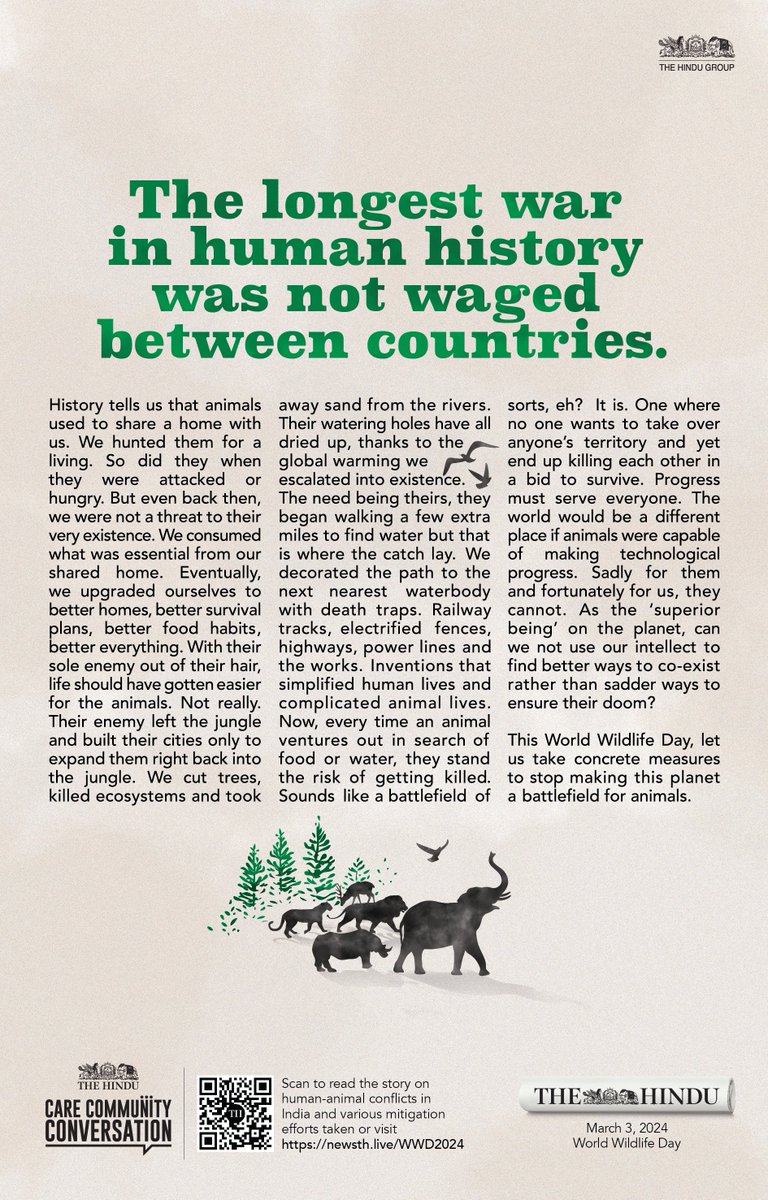 This #WorldWildlifeDay, join us on a journey to raise awareness about human-wildlife conflict. Write to us with your views on how to make our planet a better place for wildlife at thehomelessanimals@thehindu.co.in #thehindu   #humananimalconflict