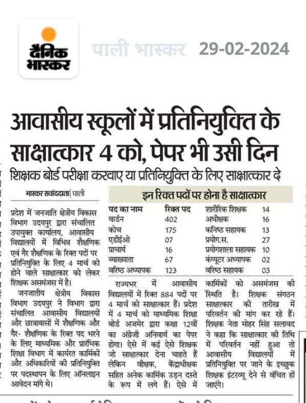 शिक्षक संघ <a href="/RESTARajasthan/">शिक्षक संघ रेसटा,राज.।</a>
की मांग पर आवासीय विद्यालयों में इंटरव्यू की तिथि परिवर्तन करने पर राज्य के मुखिया <a href="/BhajanlalBjp/">Bhajanlal Sharma</a> जी, कैबिनेट मंत्री <a href="/DrKirodilalBJP/">Dr. Kirodi Lal Meena</a>
जी,<a href="/babulalkharadi3/">Babulal Kharadi</a>
जी आपका बहुत बहुत धन्यवाद एवं आभार।
<a href="/me_moharsingh/">मोहरसिंह सलावद</a>
<a href="/rajeduofficial/">Dept of Education, Rajasthan</a> 
<a href="/RajivK_Jat/">राजीव चौधरी</a> 
<a href="/ssunder018/">श्याम सुंदर विश्नोई</a>