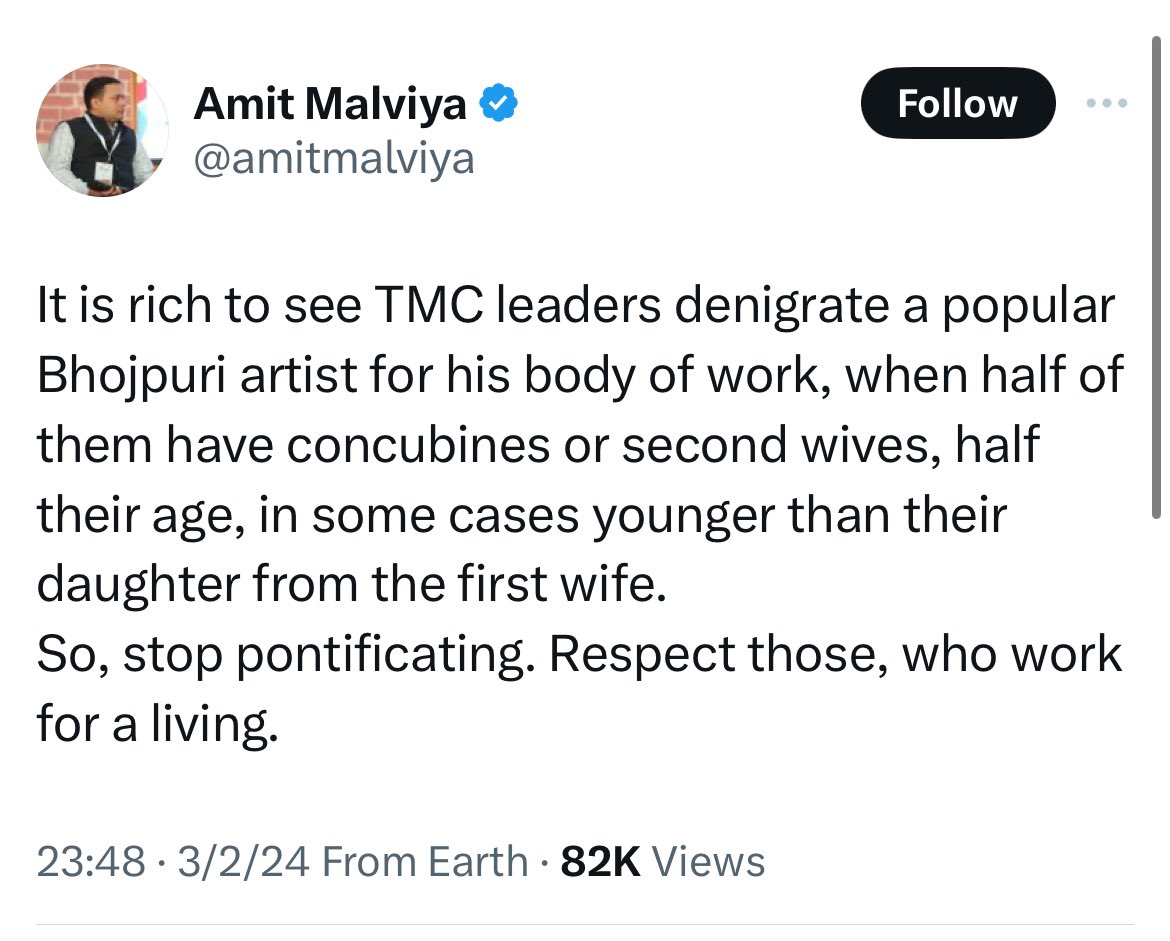SaketGokhale's tweet photo. I’m really sorry to bring this on your newsfeeds on a Sunday morning but this is crucial to show Modi’s misogyny & hypocrisy. 

BJP yesterday announced Bhojpuri singer Pawan Singh as their Lok Sabha candidate from Asansol, West Bengal. 

Pawan Singh makes videos that are extremely VULGAR & misogynist & targets the women of Bengal. 

He refers to women as “maal” & his “mistress” as can be seen in the two images from his videos below. 

Amazingly, BJP @amitmalviya praises these vulgar videos & even calls for “RESPECTING them”. What else can be expected from a man who hired the men that raped women in BHU in his BJP IT Cell. 

But what about Modi? He has been paying lip service to “Nari Shakti” as part of his 2024 election campaign to hoodwink women around the country. 

Truth is Modi & BJP have rewarded Pawan Singh with a Lok Sabha ticket mainly for his vulgar & misogynist videos targeting the women of Bengal. 

Sickening & reprehensible.