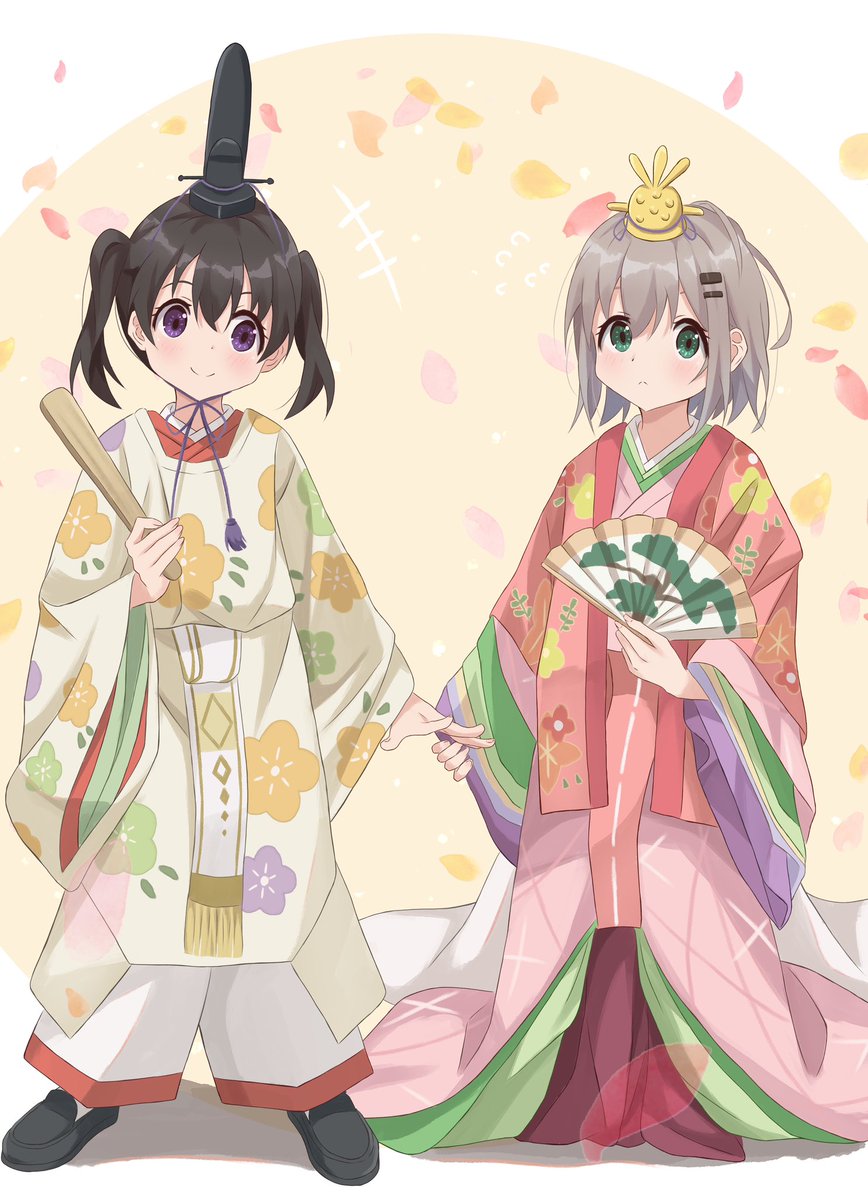 yukimura aoi multiple girls 2girls japanese clothes green eyes twintails hand fan kimono  illustration images