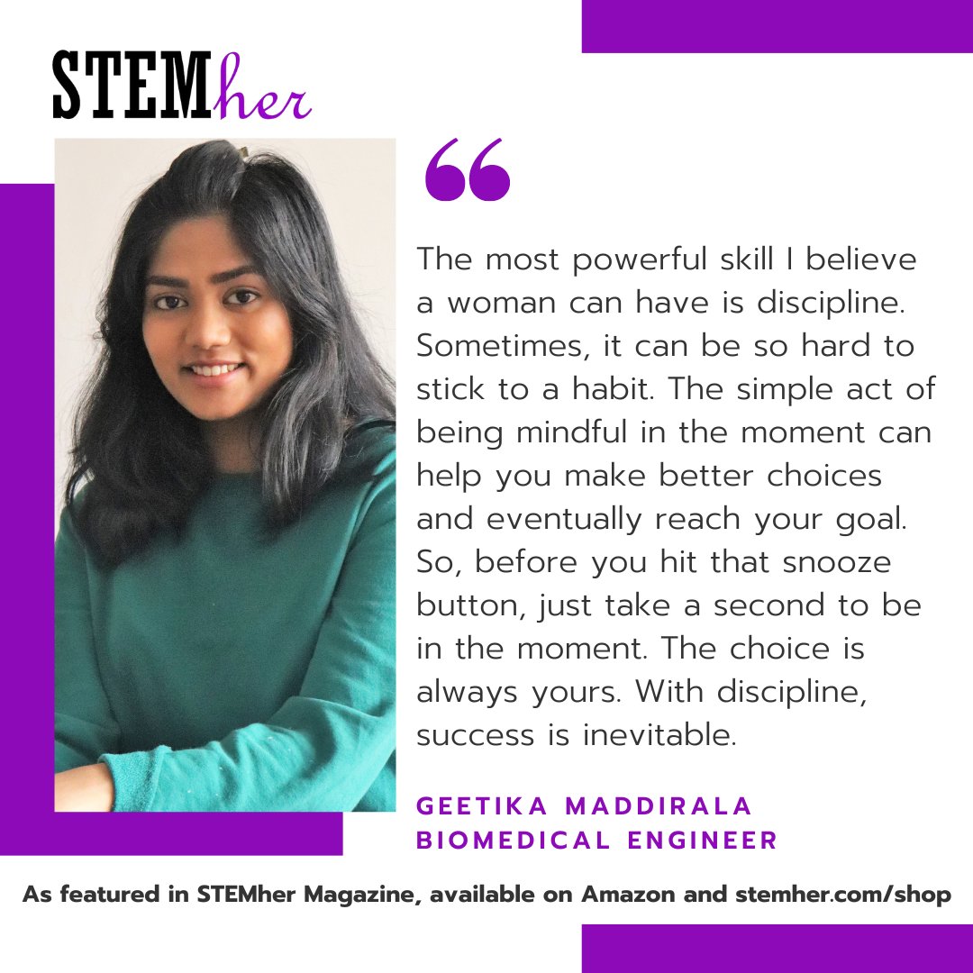 STEMher_'s tweet image. It's International Women's Day; 2024 IWD theme is Inspire Inclusion

"The most powerful skill a woman has is discipline" Geetika Maddirala, Biomedical Engineer. She's a student in Australia. More in STEMher Magazine on Amazon &amp;amp; stemher.com

#IWD2024 #InspireInclusion