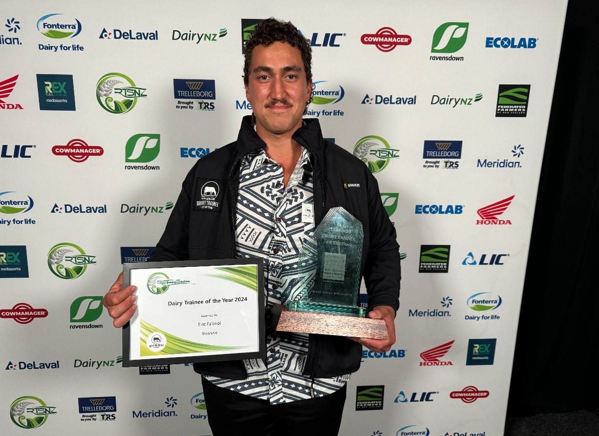 Congratulations to Sarah Avery and Eric Fa’anoi for winning awards at last night’s 2024 Taranaki Dairy Industry Awards! Sarah took home the Taranaki Dairy Manager of the Year award, and Eric won the Taranaki Dairy Trainee of the Year title 👏👏