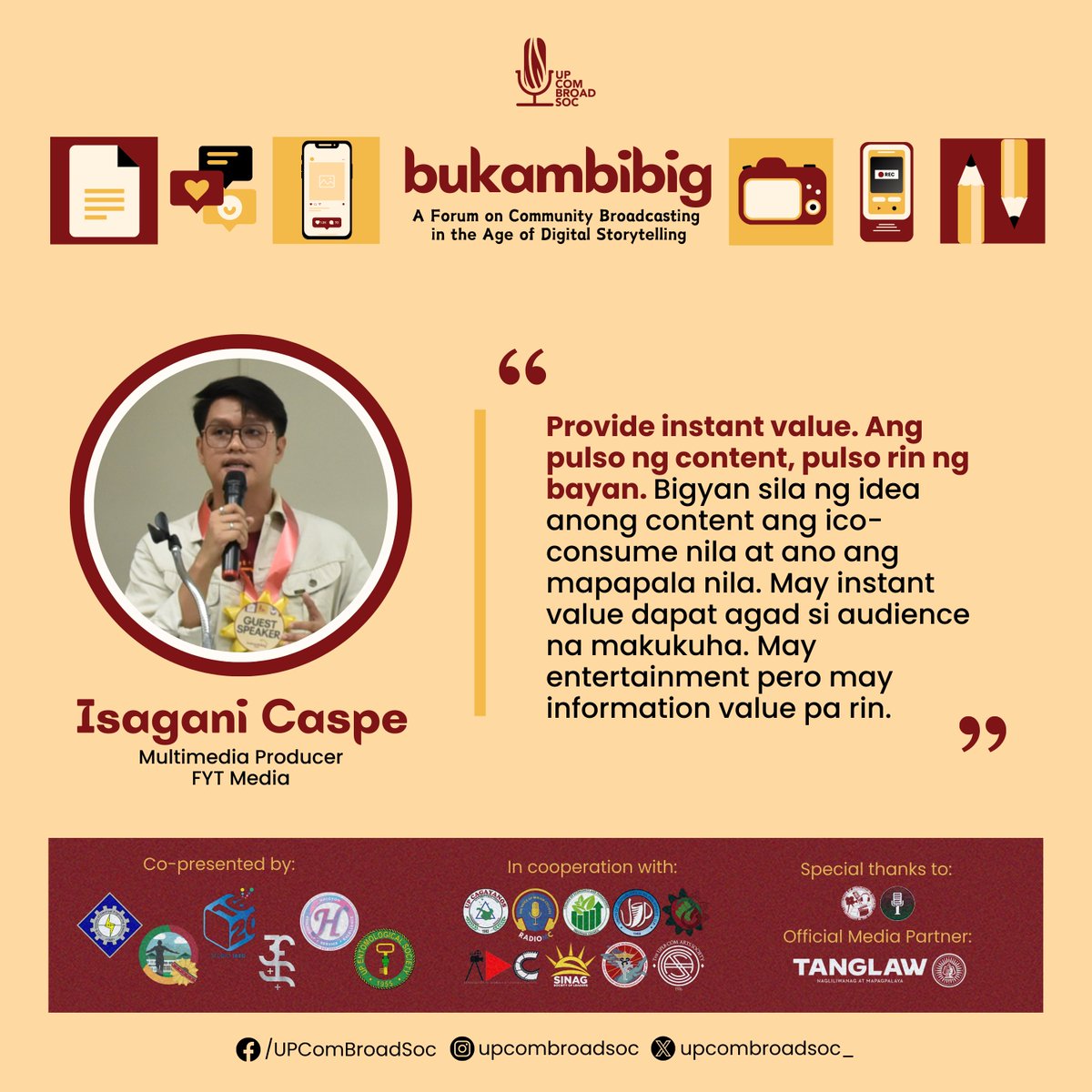 upcombroadsoc_'s tweet photo. ๐๐๏ธ Narinig na ang ating #Bukambibig2024 ๐๐๏ธ
Balikan natin ang mga aral na ibinahagi sa atin tungkol sa papel ng short-form videos sa pagpapalakas ng ating mga adbokasiya at panawagan.
#CommunityBroadcasting
#UPComBroadSoc https://t.co/cGndXCp6rj