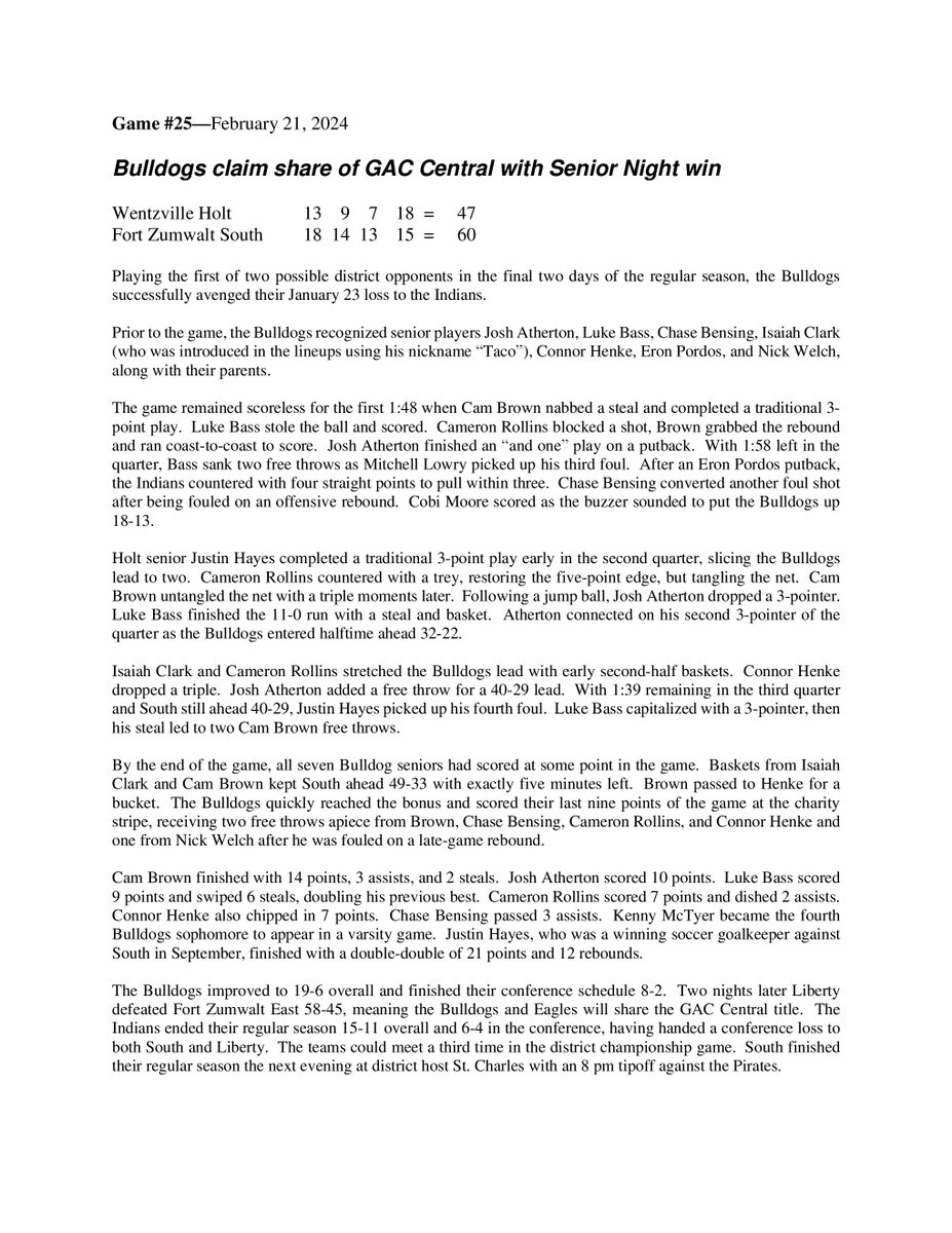 Recap of the February 21 @FZShoops Senior Night win over Holt.
