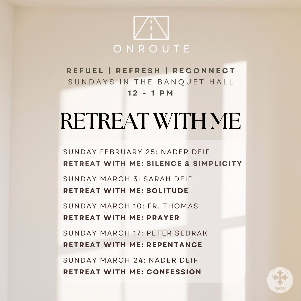 Join us on Sundays following the liturgy for our new On Route series, Retreat with Me! You don’t want to miss this series and our amazing guest speakers! Bring a friend and join us for fellowship, food, and a great talk.