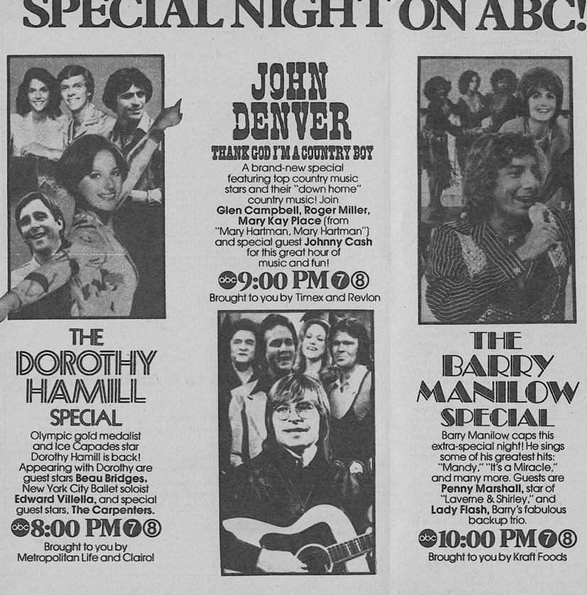 RetroNewsNow's tweet image. 📺ABC Primetime, March 2, 1977:

— Dorothy Hamill Special
— John Denver Special
— Barry Manilow Special