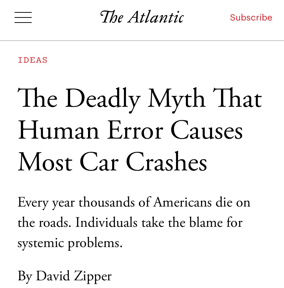 “Blaming [crashes on] the bad decisions of road users implies that nobody else could have prevented them. That enables car companies to deflect attention from their decisions…& it allows traffic engineers to escape scrutiny for dangerous street designs.” theatlantic.com/ideas/archive/…