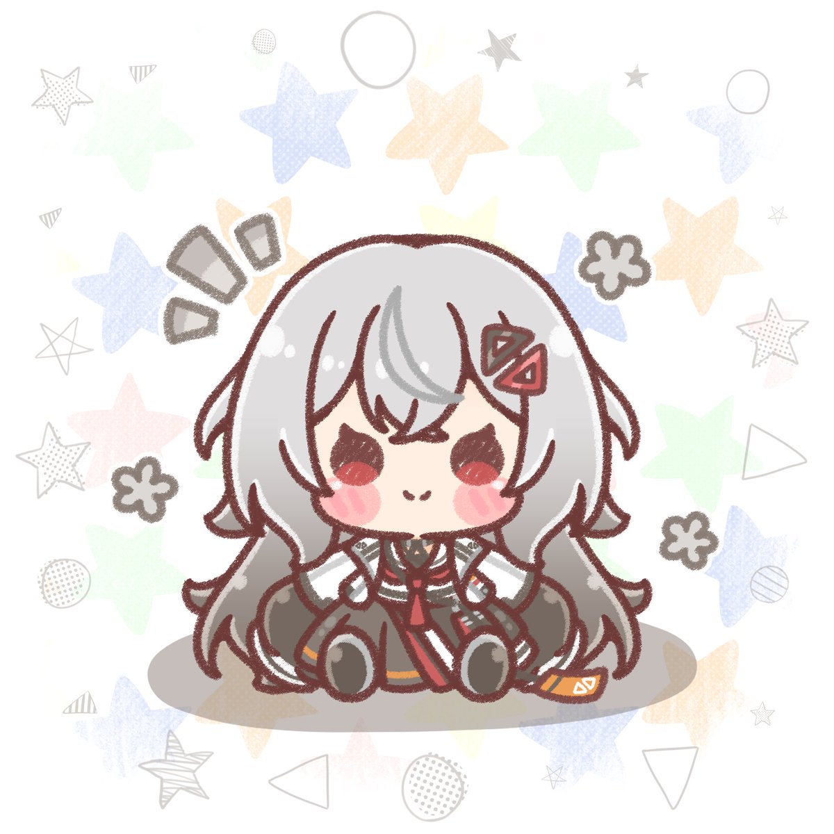 1girl solo chibi grey hair red eyes smile jacket  illustration images