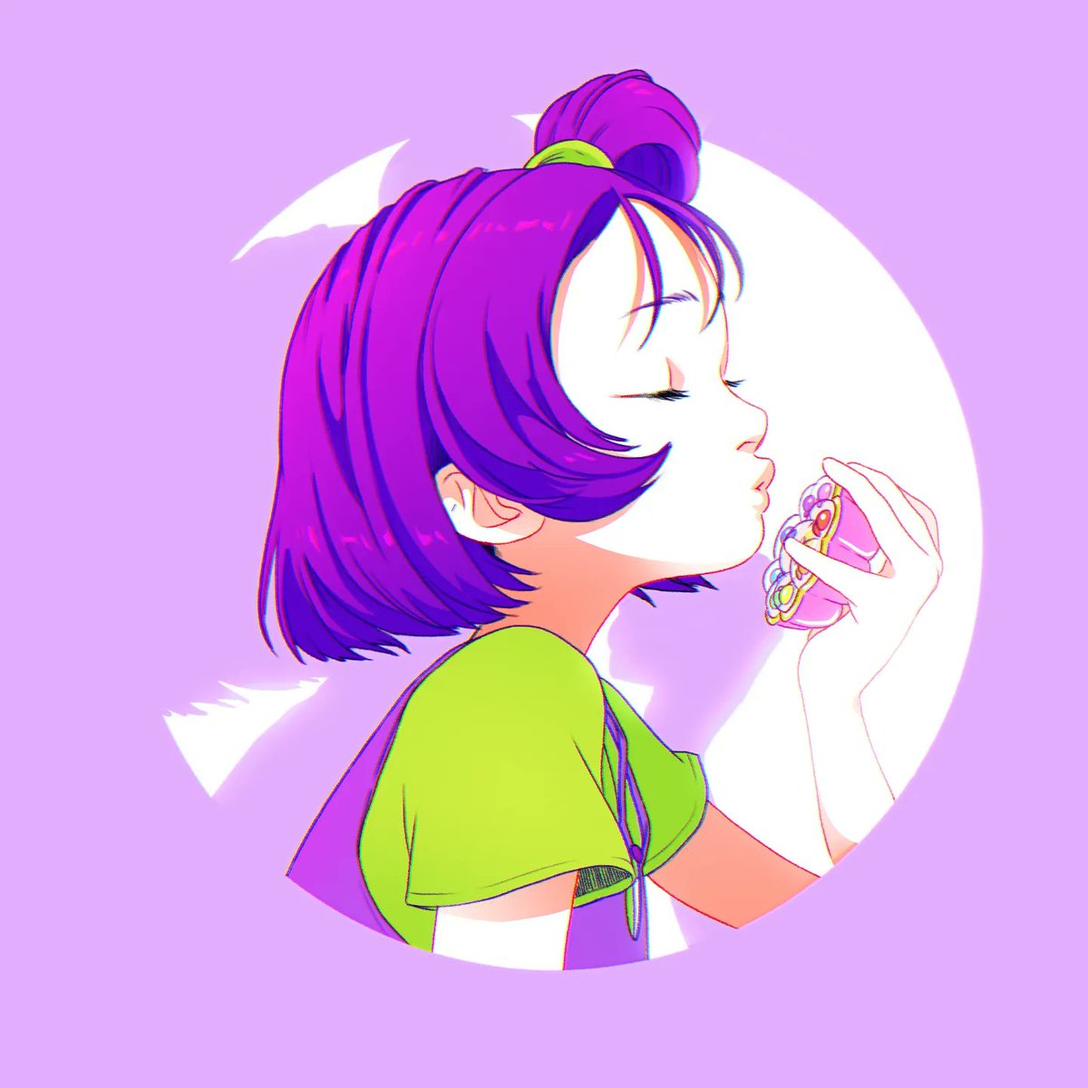 1girl solo purple hair closed eyes short hair shirt upper body  illustration images