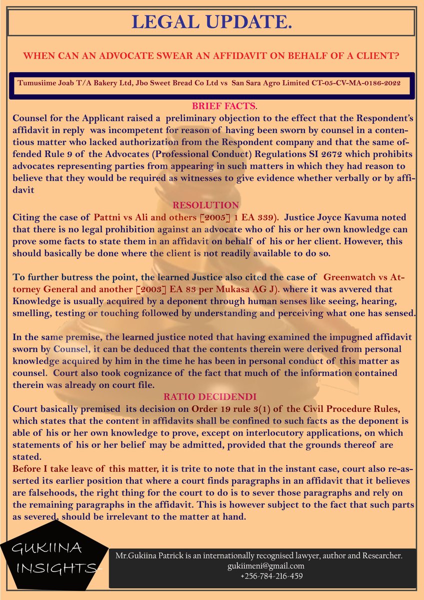 #LEGAL ALERT. High Court re-asserts the fact that an advocate can swear an affidavit on behalf of a client provided he or she has personal knowledge of the matters therein. Further, delves into the power of the court to sever paragraphs of an affidavit which contain falsehoods.