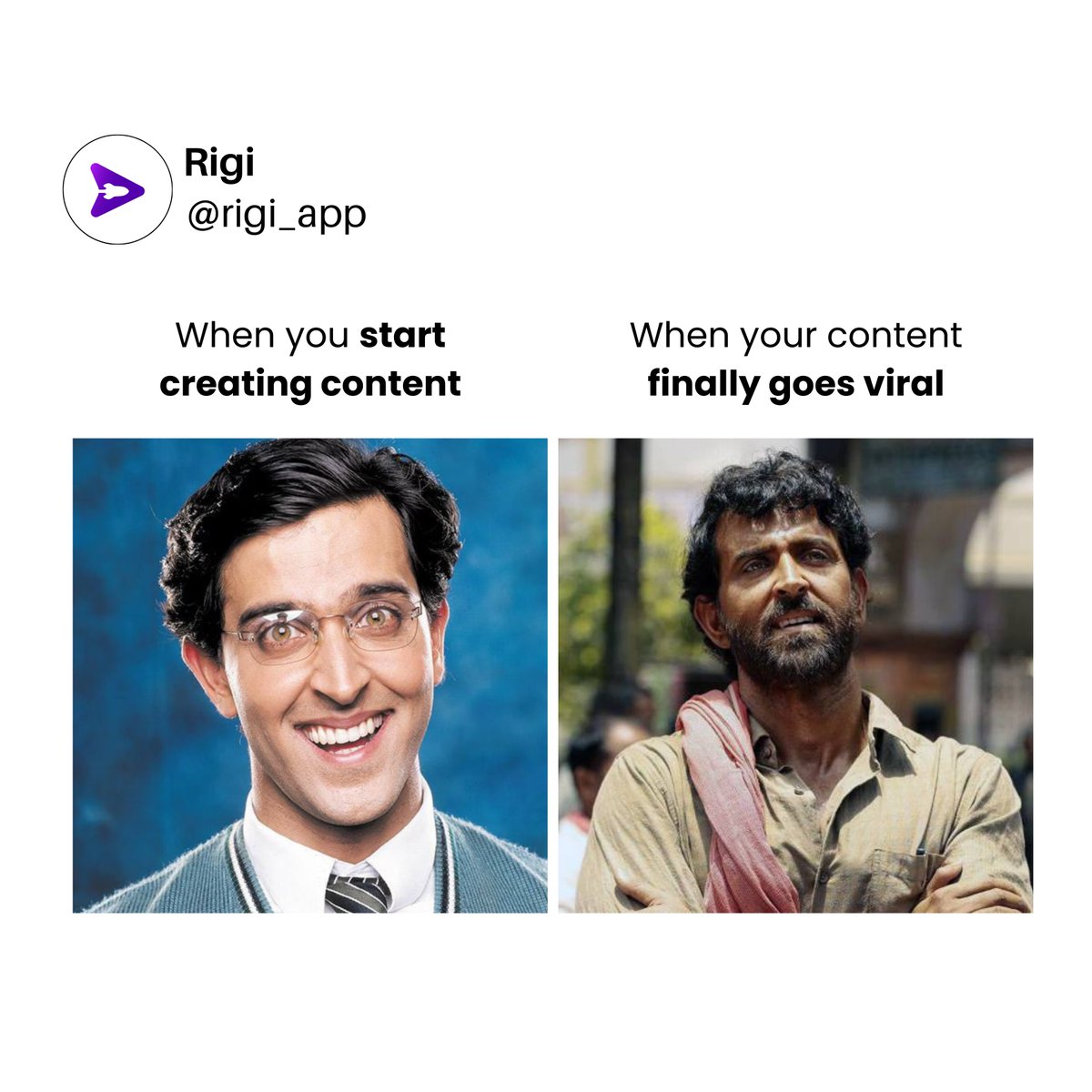 rigi_app's tweet image. When you start creating content vs. when😂 it goes viral.

#creators #contentcreatortips #contentcreatorsofinstagram #creatorgrams #hrithik #hrithik_roshan #fightermovie #meme #trendingmemesdaily #trendingmemes