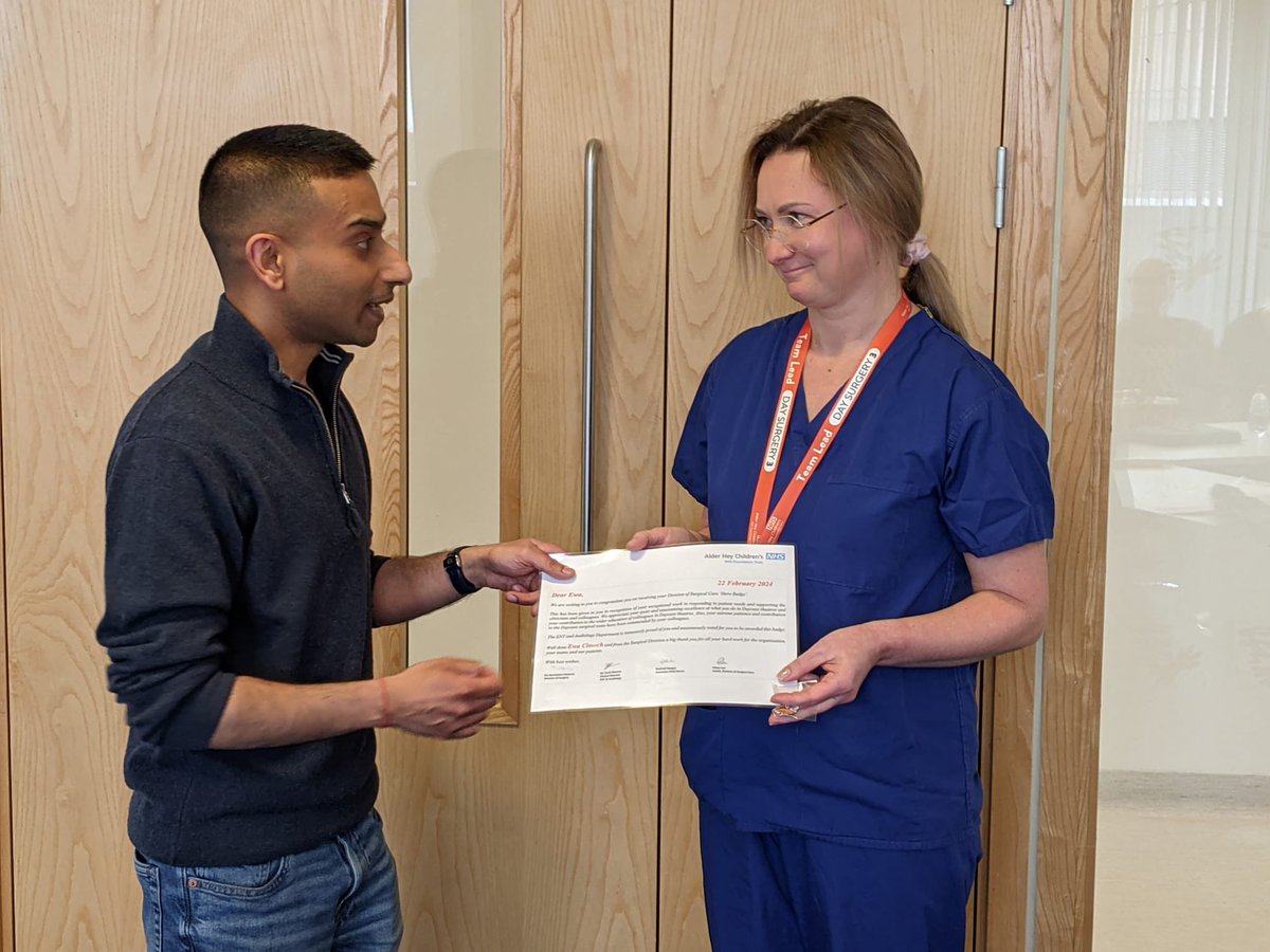 Congratulations to Ewa Cimoch, who runs ENT in Daycase Theatres at Alder Hey. She was the worthy recipient of the latest Alder Hey ENT & Audiology Hero Award. Her hard work and commitment has been unanimously recognised by the team. Well done Ewa!