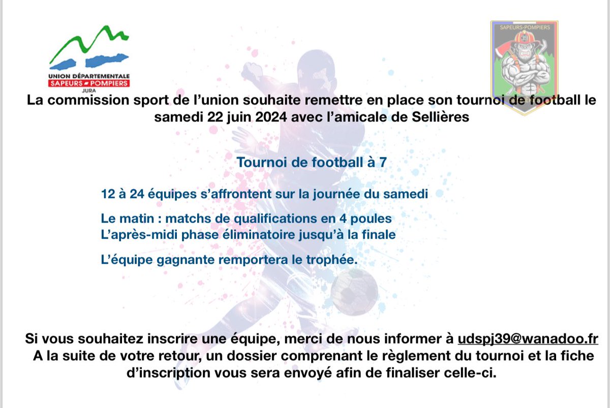 UDSP 39 (@udsp_39) on Twitter photo #FOOT🏆⚽️ | Rendez-vous le samedi 22 juin 2024 à Sellières pour un tournoi de foot <a href="/PompiersFR/">Pompiers de France</a>. Merci de nous informer si vous êtes intéressés pour participer ! 🚒 @CyrilFournier39 <a href="/Rondot_Raphael/">Raphaël Rondot</a> <a href="/RICHARD_Sy25/">RICHARD Sylvain</a> <a href="/guyon_j/">GUYON Jérôme</a> <a href="/ThomasP70091102/">Thomas Philippe</a> <a href="/FredTisserant/">Frédéric TISSERANT</a> <a href="/SDIS39/">SDIS du Jura</a> <a href="/ClmentComte1/">Clément Comte</a> #FOOT🏆⚽️ | Rendez-vous le samedi 22 juin 2024 à Sellières pour un tournoi de foot <a href="/PompiersFR/">Pompiers de France</a>. Merci de nous informer si vous êtes intéressés pour participer ! 🚒 @CyrilFournier39 <a href="/Rondot_Raphael/">Raphaël Rondot</a> <a href="/RICHARD_Sy25/">RICHARD Sylvain</a> <a href="/guyon_j/">GUYON Jérôme</a> <a href="/ThomasP70091102/">Thomas Philippe</a> <a href="/FredTisserant/">Frédéric TISSERANT</a> <a href="/SDIS39/">SDIS du Jura</a> <a href="/ClmentComte1/">Clément Comte</a>