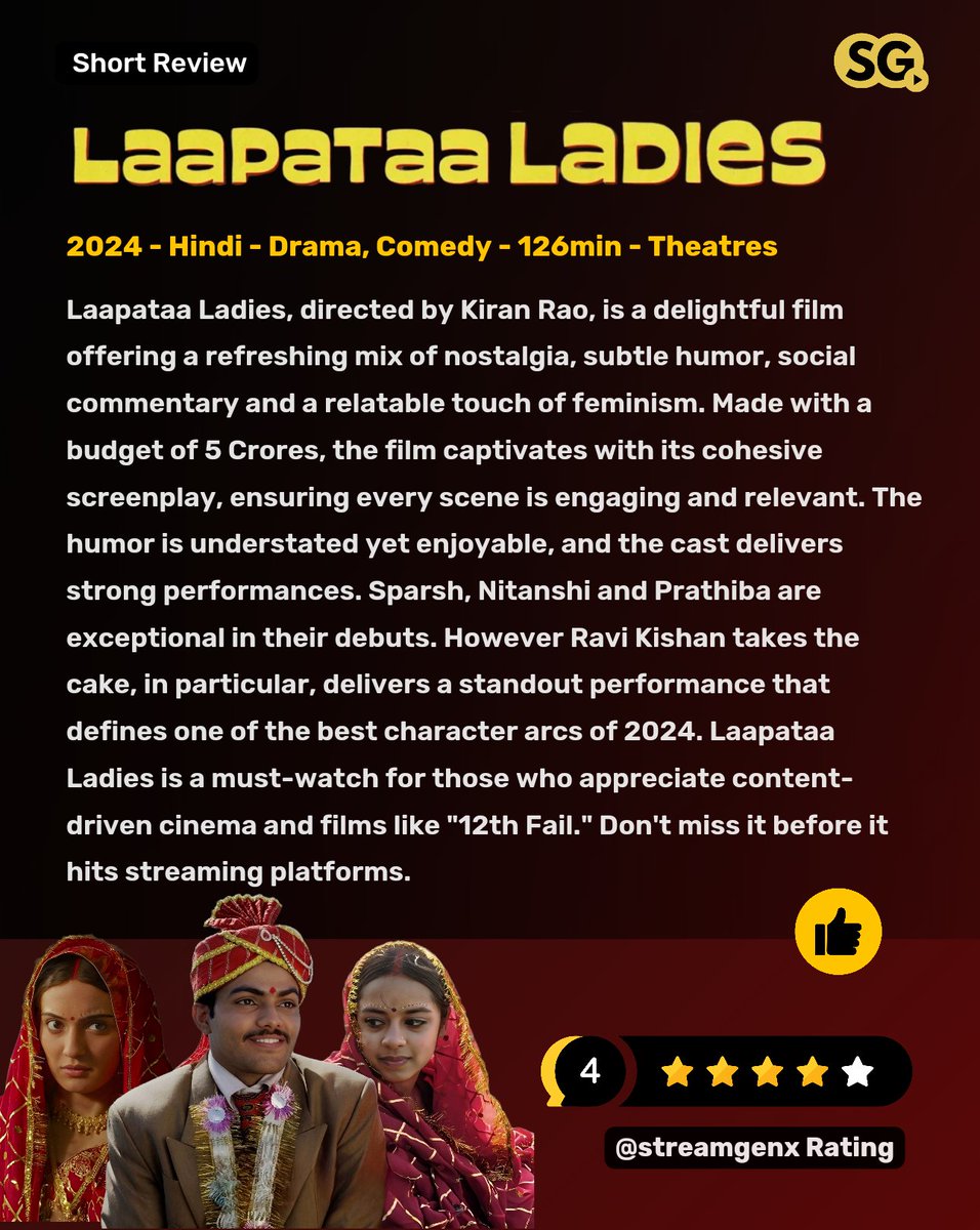 #LaapataLadies #LaapataaLadiesReview 

Kiran Rao' delightful, enjoyable and heartwarming take on appreciable feminism deserves all the love it can get.