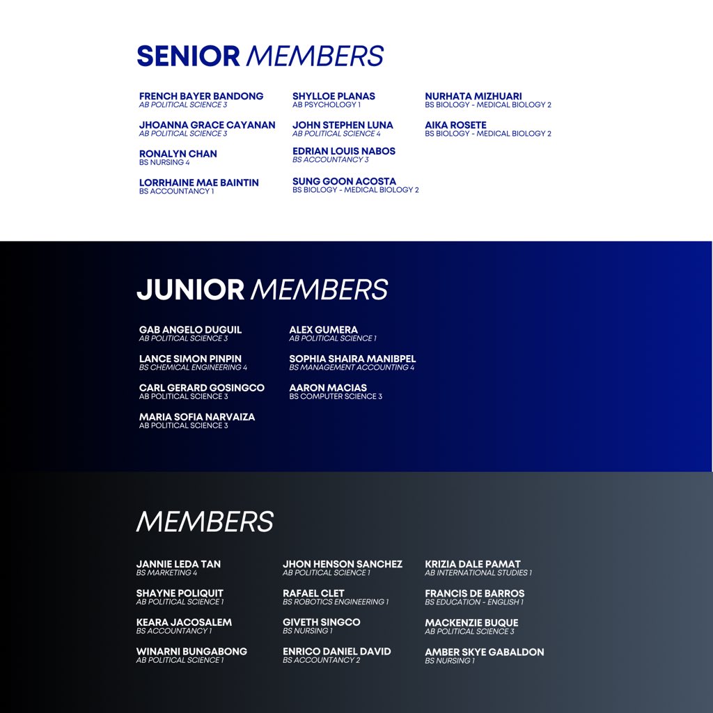 ateneodebatevar's tweet photo. We are pleased to present the updated official list of members of the Ateneo Debate Varsity for the 2nd Semester of the Academic Year 2023-2024.

On to greater heights. OBF! 💙🦅 https://t.co/o0OmUVw1Bh