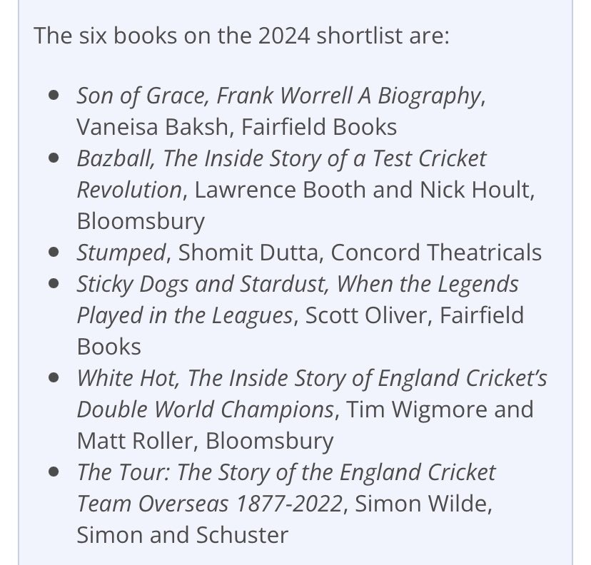 Very excited that Bazball - co-written with @NHoultCricket - has made it to the shortlist for the Cricket Society/MCC Book of the Year award. Some tough competition in there