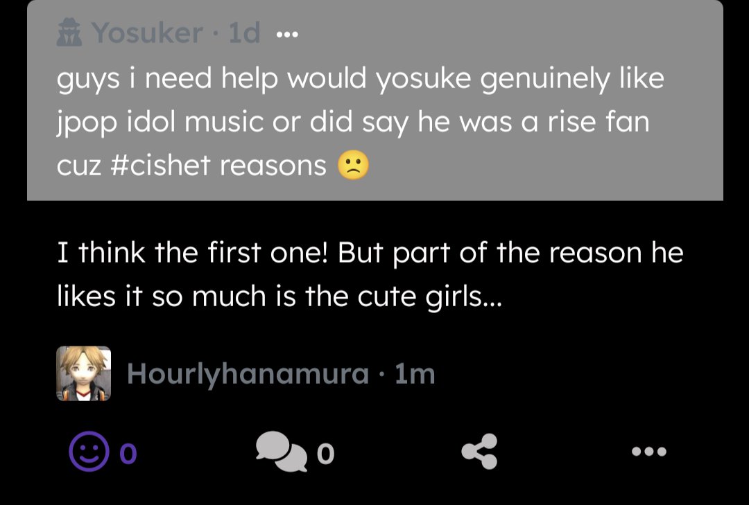 hourlyhanamura's tweet image. guys i need help would yosuke genuinely like jpop idol music or did say he was a rise fan cuz #cishet reasons 🙁

I think the first one! But part of the reason he likes it so much is the cute girls... #curiouscat