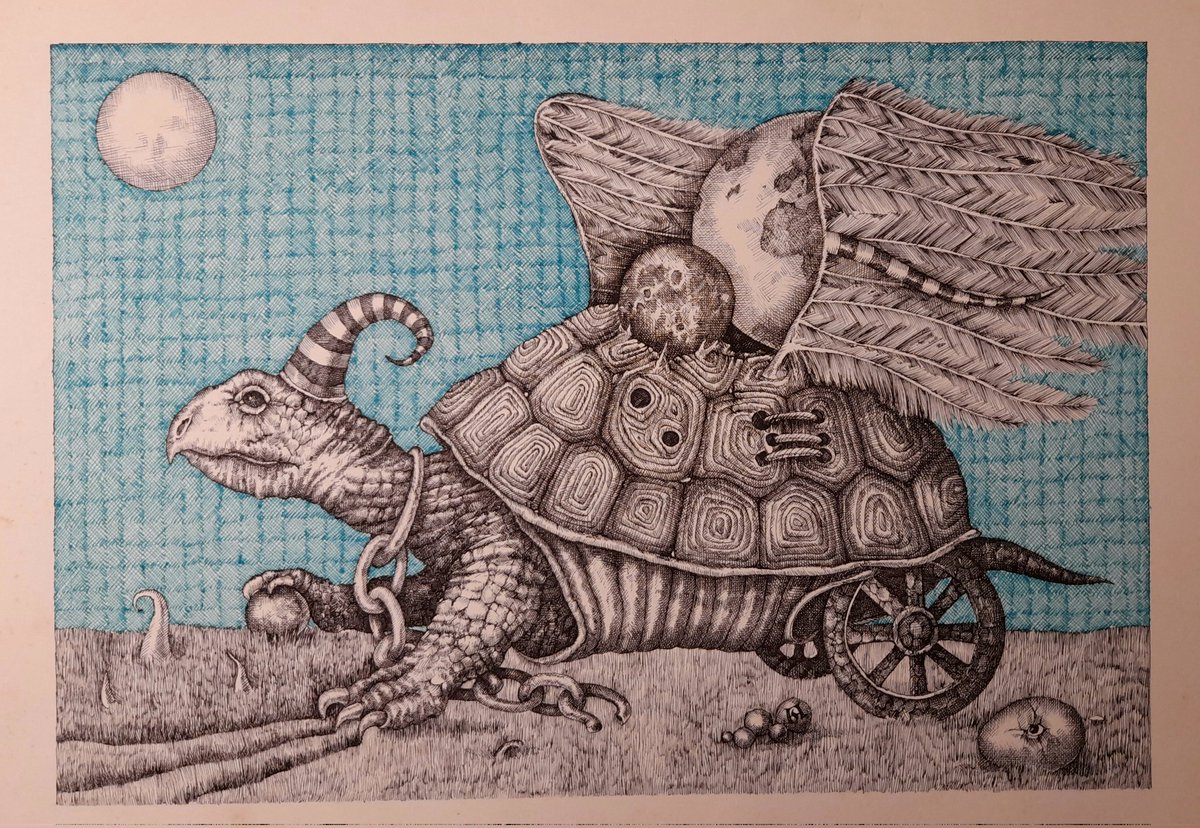An image of someone or something that is absolutely difficult to consider real. And yet it is... ............ #art #drawing #dessin #arte #illustration #inkdrawing #artist #turtle #imaginery #bookillustration #Waterman #pendrawing