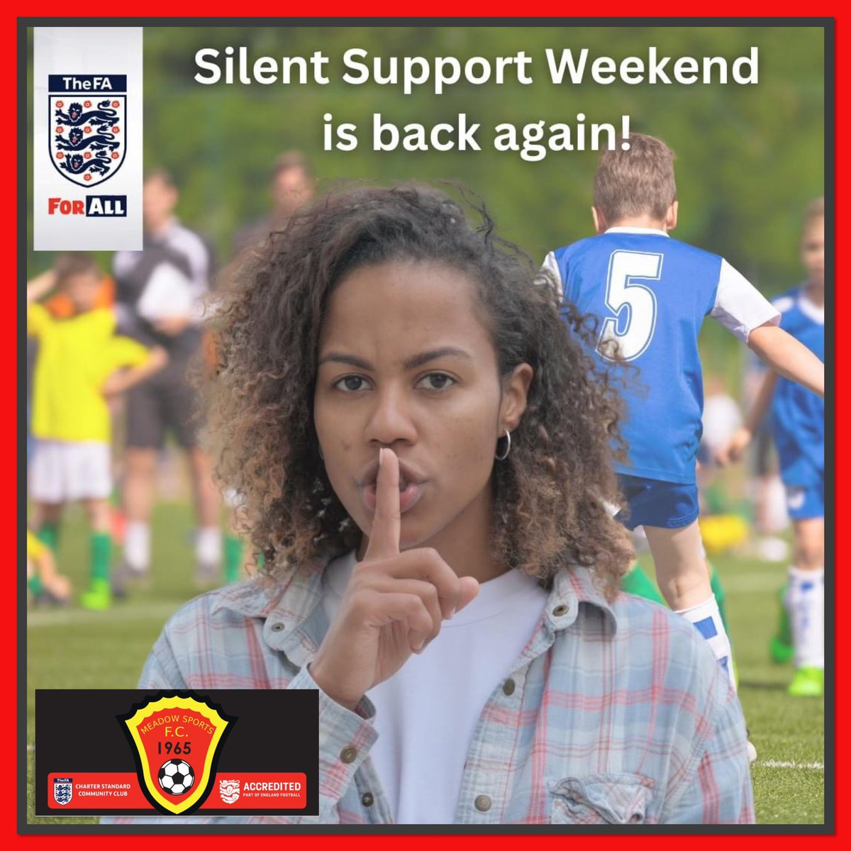 1/3 Unsurprisingly the only home games going ahead today are on our all weather 3G pitch.  For these games and any away games Meadow Sports FC is once again supporting the FA’s Silent Support Weekend. 

It's time for a recording breaking #SilentSupportWeekend 👏