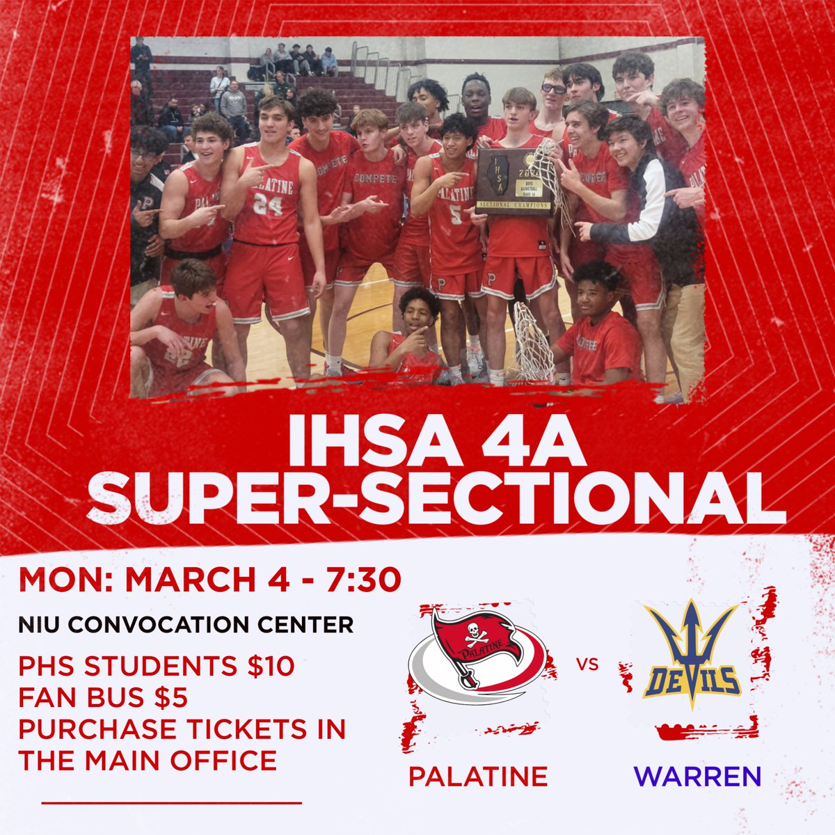 Congrats to the Boys Basketball team who beat Stevenson to advance to the IHSA 4A SUPERSECTIONAL Let's pack the place! PHS students can purchase tickets in the Main Office $10 Fan Bus $5 GENERAL ADMISSION tinyurl.com/3v6n6bzc Promocode: 4AHOME