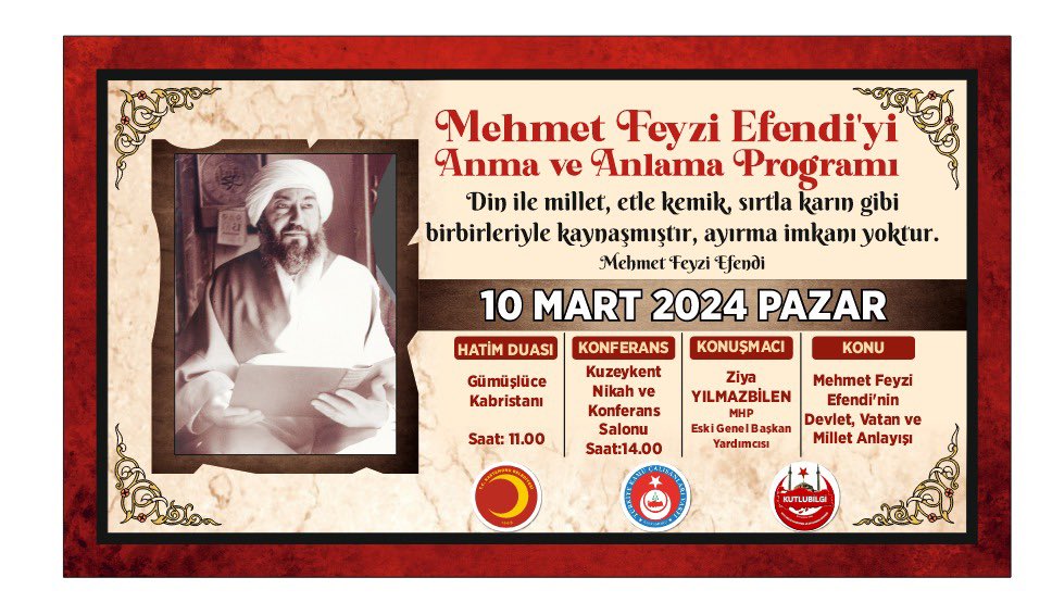 Mehmet Feyzi Efendi’nin vefatının 35. yılı münasebetiyle düzenlediğimiz programa teşriflerinizi bekleriz. Kamil ÇONKOR TÜRKAV Kastamonu Şube Başkanı @TurkavGenMrk