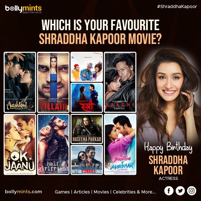 Wishing A Very Happy Birthday To Actress #ShraddhaKapoor !
#HBDShraddhaKapoor #HappyBirthdayShraddhaKapoor #ShraddhaKapoorMovies #ShaktiKapoor #ShivangiKolhapure #SiddhanthKapoor
Which Is Your #Favourite Shraddha Kapoor #Movie?