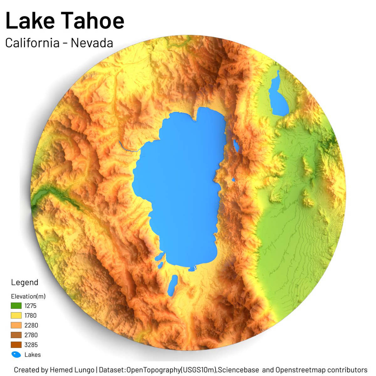 A Map🗺️showing Terrain model of Lake Tahoe, Nevada -California 🇺🇸 dataset is from USGS10m from @OpenTopography(Terrain Version) #LakeTahoe #nevada #California #USA #QGIS #b3d #GIS #gischat #cartography #geospatial #dataviz #Map