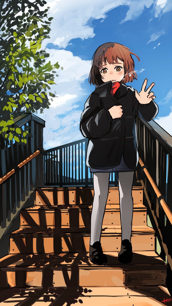 1girl solo brown hair stairs outdoors brown eyes sky  illustration images