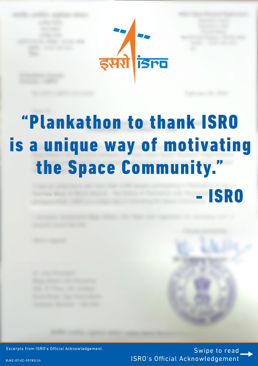 bajajlife_in's tweet photo. A heartfelt thank you, ISRO! 

We're truly honored for your official acknowledgment of our efforts in pioneering our unique fitness initiative, #Plankathon. This acknowledgment serves as a testament to the dedication and passion of our team at Bajaj Allianz Life. (1/2) https://t.co/iSBZTFH7OP