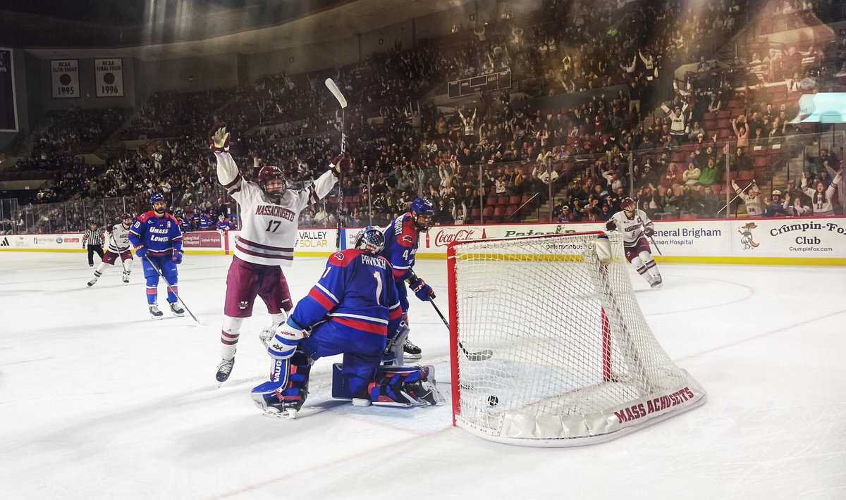 Celebration ensues on the ice and in the Mullins Center crowd after a game winner in overtime against UMass Lowell tonight. Shot from the Commonwealth Club glass. Here’s hoping for a deep playoff run.