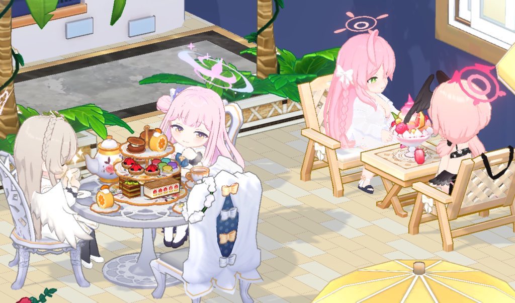 hanako (blue archive) ,koharu (blue archive) ,mika (blue archive) ,nagisa (blue archive) multiple girls halo cake pink hair food wings table  illustration images