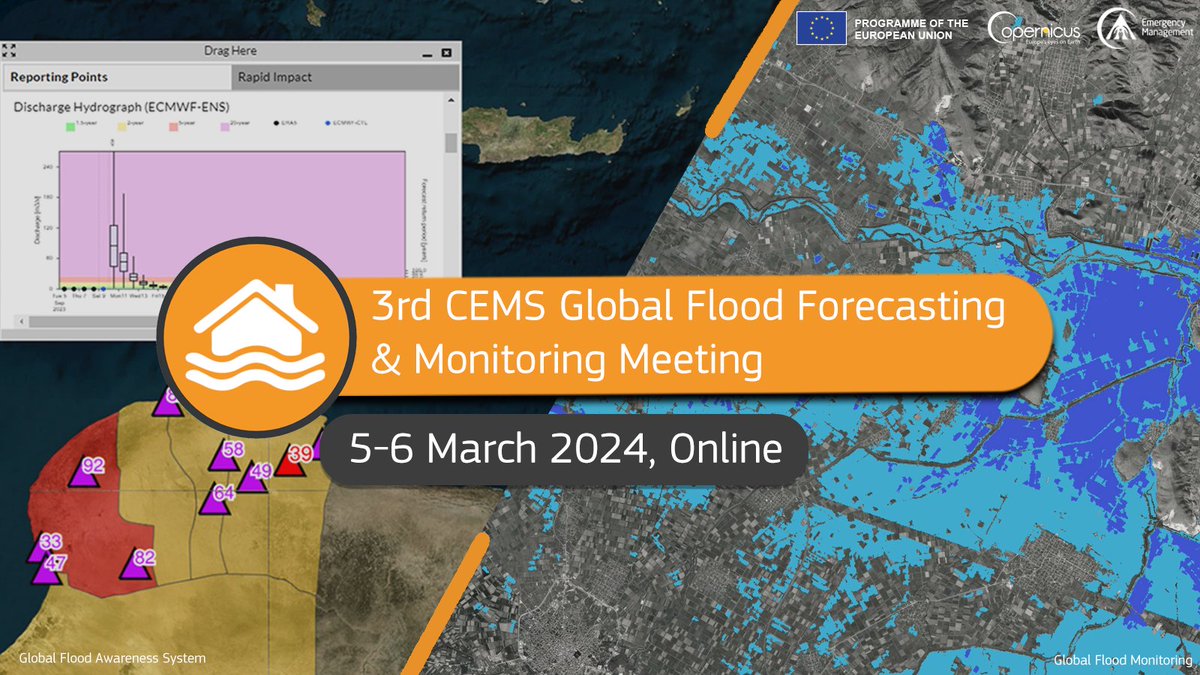 Are you an expert in #flood forecasting and monitoring activities❓

Join us at our upcoming Annual Meeting, where #CEMS experts will discuss our #GloFAS and #GFM tool 🌊

Only 1⃣day left to register👇
efas.eu/en/events/3rd-…