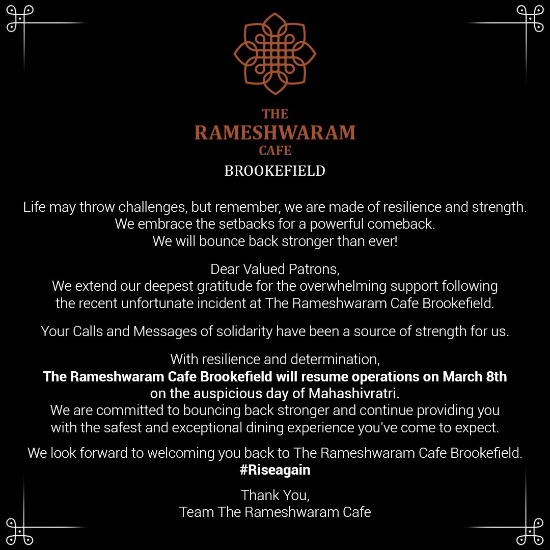 Thank you for standing by us during this challenging time. We look forward to welcoming you back to The Rameshwaram Cafe Brookfield #Riseagain #therameshwaramcafe