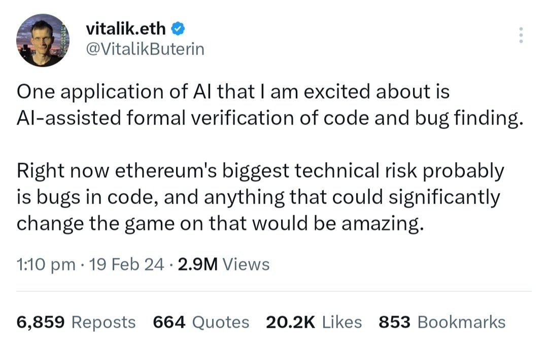 humblenzz's tweet photo. Absolute speculation here. 

Recent events of Vitalik liking his own pepecoin tweet from '17 (We know there's history with Vitalik and pepecoin Devs)

AI assisted formal verification of code tweet. (BasedAI could do this?)

Dev saying things have gotten very, very big!

👀👀!

#pepecoin #basedAI
