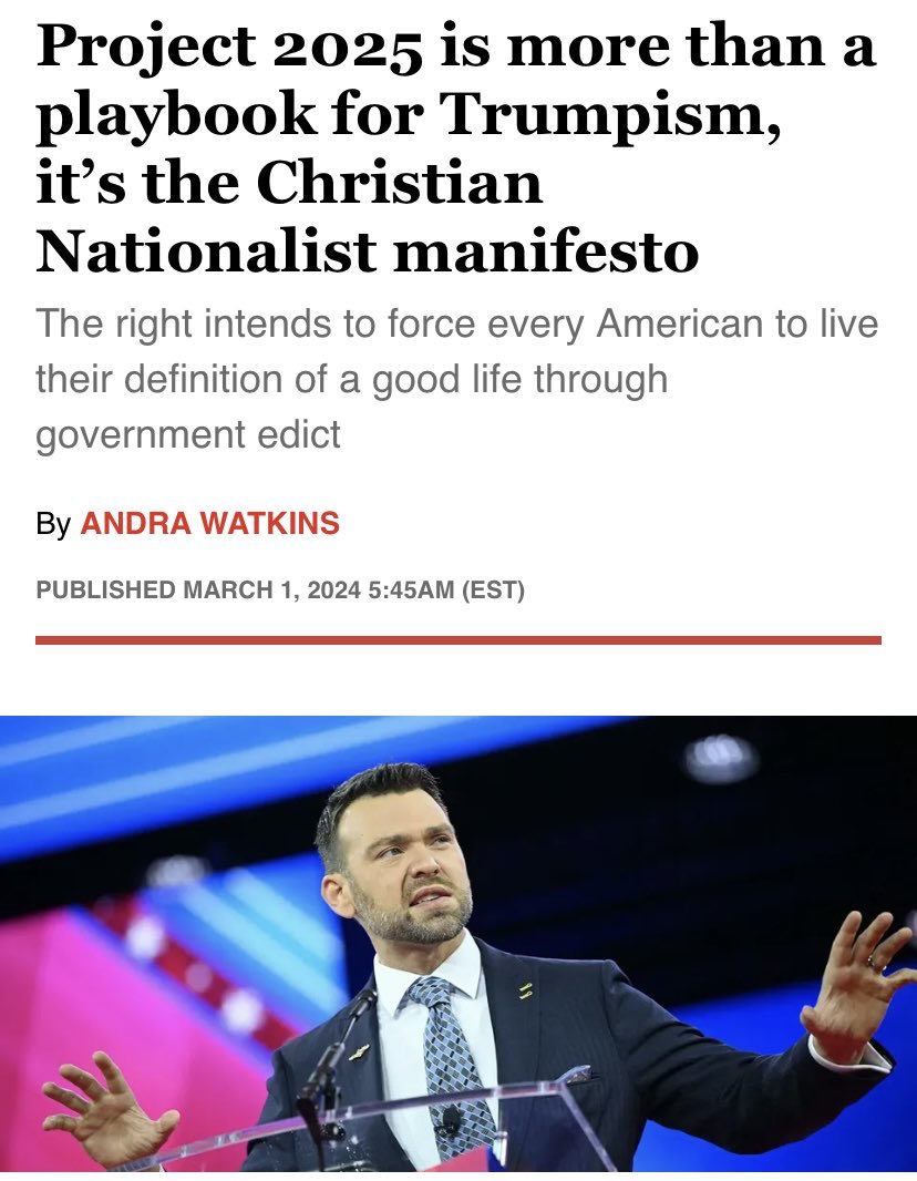 “Project 2025 is more than a playbook for Trumpism, it’s the Christian Nationalist manifesto” 3/1/24 https://t.co/o8OlZfaybT 