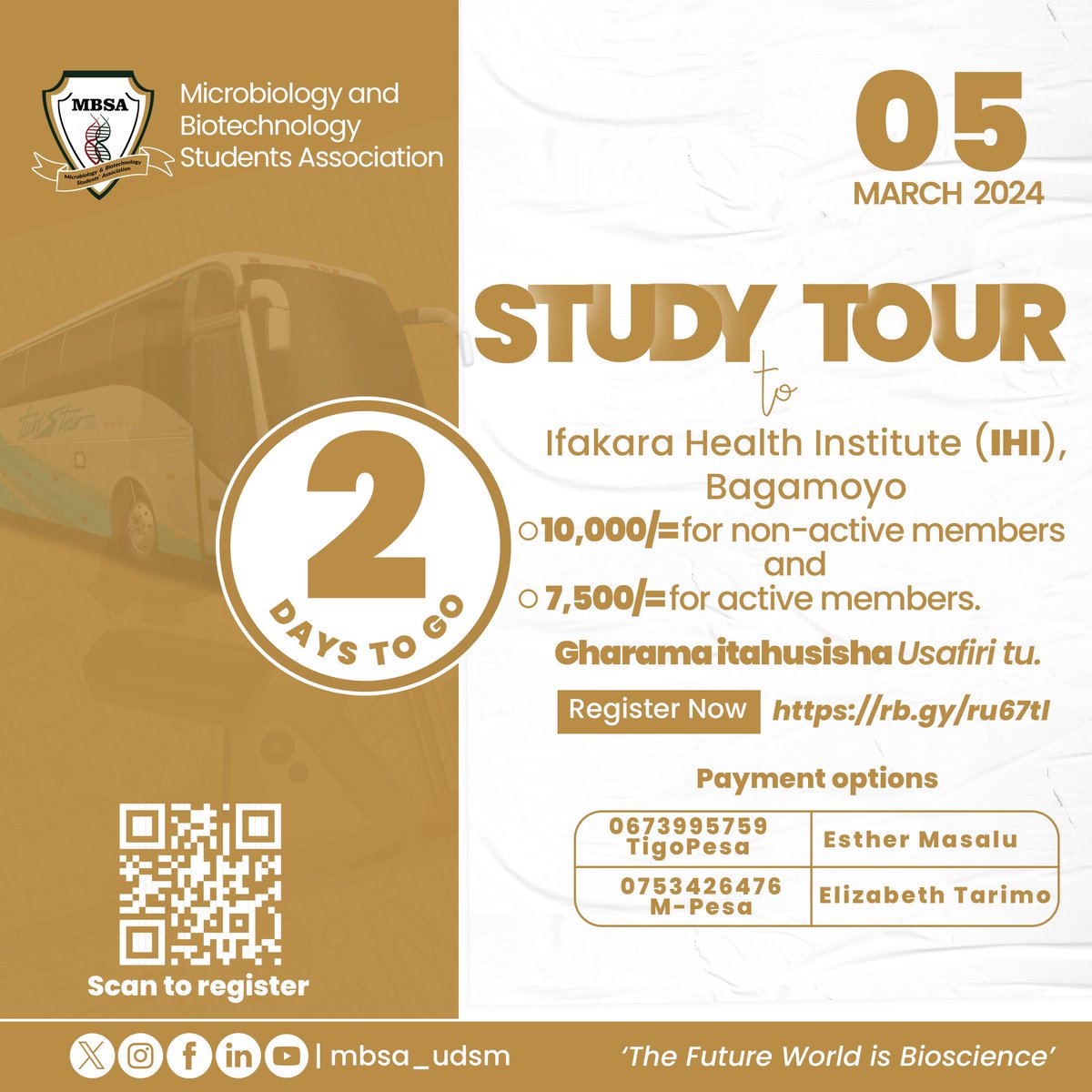 mbsa_udsm's tweet photo. 02 Days To Go

Embarking on a journey of knowledge and discovery!
Join us on our upcoming study tour to IFAKARA Health Institute, where we delve into the realms of innovation and research. 

Get ready to explore, learn, and inspire!

 #MBSAStudyTour #StudyTour #mbsaudsm #udsm https://t.co/b5btbZiWda