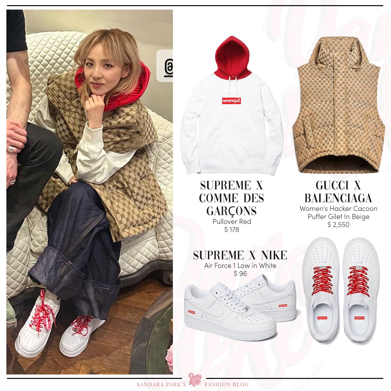 Dara Style on X Spotted 240303 DARA at clement marot IG story wearing SUPREME X COMMEDESGARCONS Pullover Red GUCCI BALENCIAGA Women s Hacker Cacoon Puffer Gilet In Beige SUPREME X NIKE Air Force