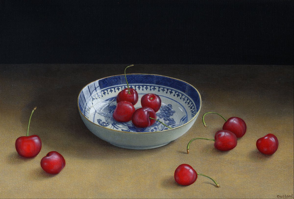 Always nice to find some lovely red English cherries to paint instead of the dark imported ones. Acrylic on paper. (Private collection) @beckstonesart