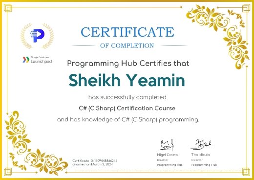 SheikhYeamin96's tweet image. #ProgrammingHub #Certificate #C# (C Sharp)