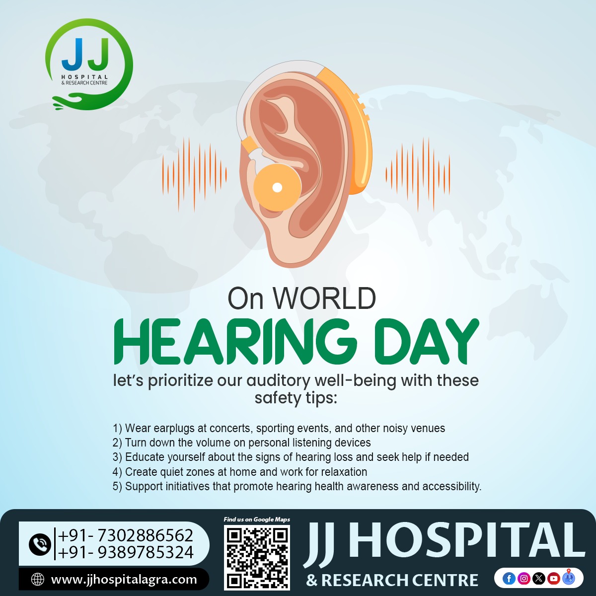World Hearing Day🦻🏻 

let's prioritize our auditory well-being with these safety tips.

#WorldHearingDay #HearingHealth #HearingAwareness #HearingProtection #JJHospital #Agra #ResearchCentre #UttarPradesh